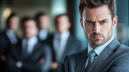 Serious businessman in tailored gray suit with crossed arms, focused expression, with blurred colleagues in formal attire in modern office background.