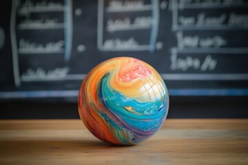 Colorful swirled planet sphere on wooden desk in classroom setting