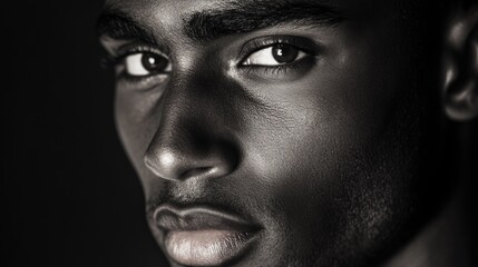 Intense close-up portrait of a young mixed race man with deep brown skin and striking features against a dark background emphasizing facial textures and expression.