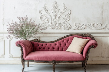 Fototapeta premium Vintage French pink sofa with soft pillows in a contemporary living room, creating a relaxing and sophisticated home atmosphere.