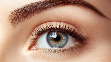 Obraz premium Close-up of a woman's captivating blue eye with long eyelashes and arched eyebrow showcasing detailed iris pattern and natural skin tone.