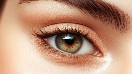 Obraz premium Close-up shot of a captivating woman's eye showcasing warm brown and green hues with delicate lashes and flawless skin, highlighting detailed textures.