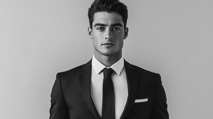 Confident young businessman in a tailored black suit with a white dress shirt and black tie, posing against a soft gray backdrop.