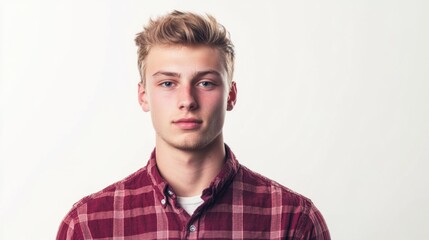 Obraz premium Handsome young man with light brown hair wearing a red plaid shirt, standing against a bright white background, exuding confidence and style.