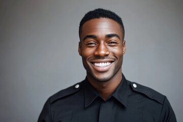 Obraz premium A law enforcement officer in a uniform poses with a friendly smile, suitable for use as a background or in a human interest story