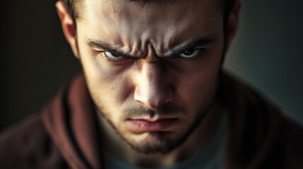 Obraz premium Intense close-up portrait of a young man displaying anger with furrowed brow and piercing eyes, featuring dark clothing against a muted background.