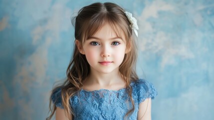 Portrait of a Young Girl with Long Brown Hair in a Light Blue Lace Dress Against a Soft Blue Background Looking at the Camera with a Gentle Expression