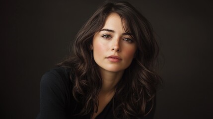 Fototapeta premium professional studio portrait of a beautiful young brunette woman with long wavy hair wearing black clothing against a dark textured background