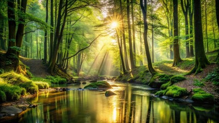 Obraz premium dense forest with towering trees, sunlight filtering through leaves, and a meandering stream, natural light, dense forest