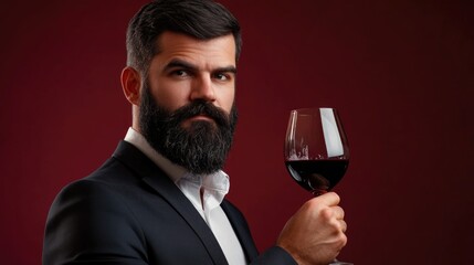 Man in suit with beard holding glass of red wine against burgundy background showcasing wine tasting and connoisseurship in a sophisticated setting