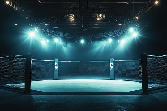 View of an empty octagon ring under bright lights, awaiting fighters about to enter the arena and compete in a mixed martial arts fight.