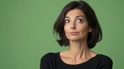 Brunette woman in her 40s exhibiting a doubtful expression with hand on chin, pondering decisions against a vibrant green background.