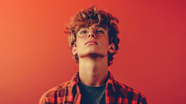 Teenage boy with curly hair wearing glasses in plaid shirt, looking upwards against a vibrant orange background, portrait shot. - Powered by Adobe