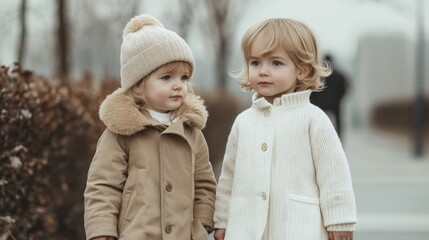 Fototapeta premium Two toddlers in winter coats, park stroll, blurred background, family photo