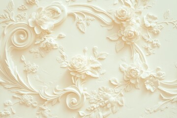 Minimalist Design Featuring White Rococo Plaster With Floral Patterns Illuminated by Soft Light