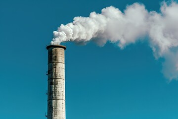 White and gray smoke and steam from a high concrete chimney against the bright blue sky