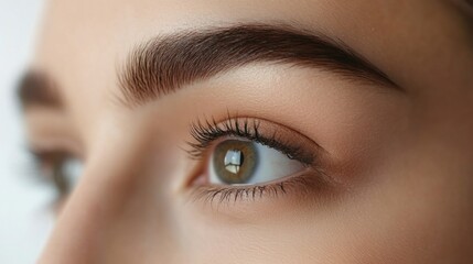 Fototapeta premium Close-up of a young woman's brown eye with perfectly groomed eyebrows and long lashes in a beauty salon showcasing meticulous eyebrow correction.