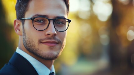 Fototapeta premium Young businessman with glasses looking confidently at the camera in a sunlit outdoor setting featuring soft golden bokeh in the background.