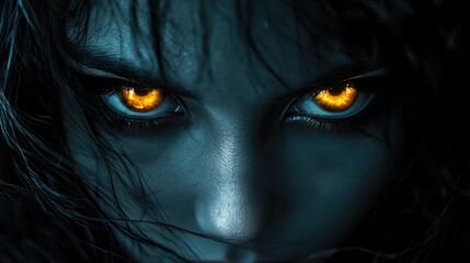 Mysterious young woman with glowing yellow eyes emerging from dark shadows with long black hair, creating an eerie atmosphere of suspense.