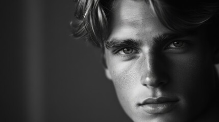 Naklejka premium Portrait of a handsome young man with medium-length wavy hair and striking facial features captured in high-contrast black and white photography.