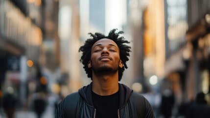 Fototapeta premium Young Black man with natural curly hair standing on a busy urban street with eyes closed, experiencing tranquility amidst bustling city life.
