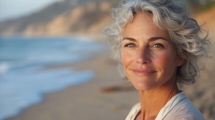 Portrait of middle-aged woman with curly gray hair smiling at Zuma Beach Malibu California with ocean waves and sandy shore in soft evening light
