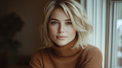 Fototapeta premium Portrait of serene young woman with blond hair in cozy turtleneck sweater, relaxing by a bright window in home interior featuring warm tones