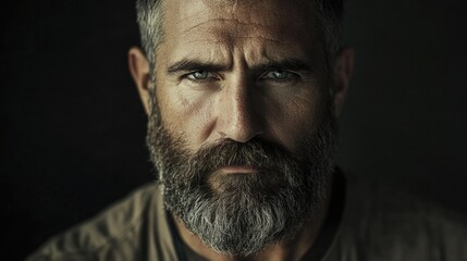 Obraz premium mature man 50 years old with a thick gray beard and piercing blue eyes looking intently at the camera in a dimly lit setting