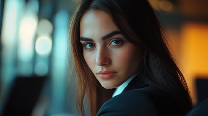 Obraz premium Concentrated young businesswoman with long dark hair, wearing black suit, gazing thoughtfully in modern meeting room with blurred background light reflections.