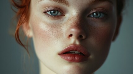 Intimate portrait of a young woman with radiant freckled skin and bright blue eyes, showcasing natural beauty against a soft grey background.