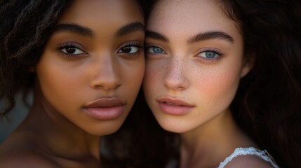 Obraz premium Close-up portrait of two young women, one with curly dark skin and the other with wavy light skin, showcasing natural beauty and diverse features in warm ambient lighting.