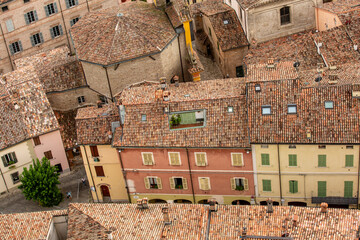 Brisighella, Ravenna, Emilia-Romagna, Italy. Beautiful panoramic aerial view of tiled roofs of...