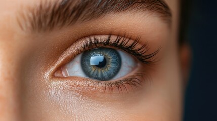 Obraz premium Close-up of a woman's gray eye with natural lashes on a dark background showcasing intricate details and textures of the iris and skin.