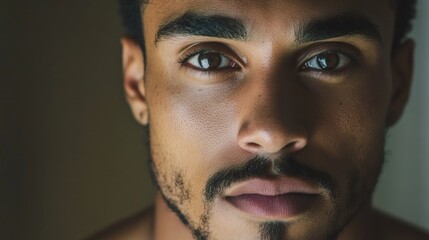 Close-Up Portrait of a Young Mixed Race Man with Defined Facial Features and Expressive Brown Eyes in Soft Natural Light Against a Neutral Background