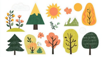 Obraz premium Colorful collection of nature themed stickers showcasing trees, flowers, and sun designs for creative projects. Generative AI