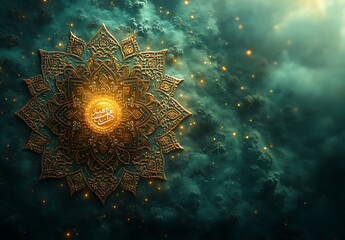 Obraz premium Intricate Golden Mandala on a Mystical Teal Background with a Luminous Center