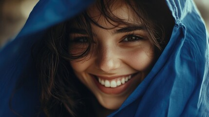 Fototapeta premium Smiling young woman with brown hair wrapped in a vibrant blue hood, showcasing warmth and joy against a blurred natural background.