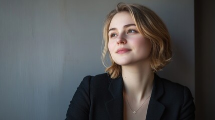 Thoughtful young Caucasian businesswoman with short blonde hair in black blazer gazing upward by window, reflecting on future lifestyle and project tasks.