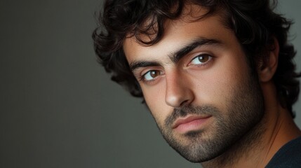 Obraz premium Handsome dark-haired man with curly hair gazing confidently at the camera against a neutral gray background showcasing masculine features and intense expression.