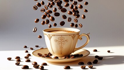Obraz premium Elegant cup of coffee with floating beans and latte art on a decorative saucer