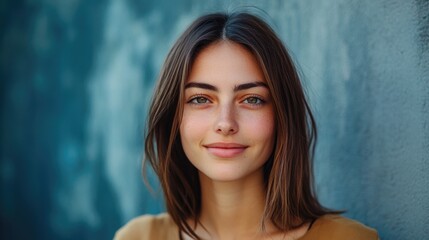Fototapeta premium Portrait of young woman with natural beauty smiling against textured blue wall, showcasing warm brown hair and glowing complexion in soft light.