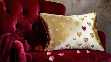 A luxurious silk pillow embroidered with golden heart patterns