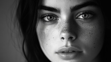 Fototapeta premium Close-up portrait of young adult woman with dark hair and striking freckles, features soft lighting and a monochrome background for dramatic effect.