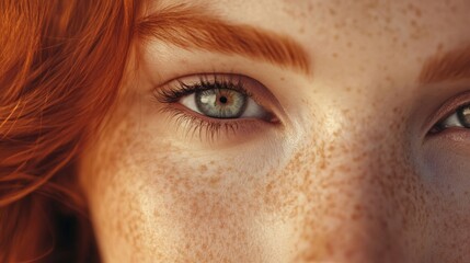 Obraz premium Close-up portrait of beautiful red-haired Caucasian woman's eye with freckles and well-kept skin showcasing beauty and skincare concept in natural light.