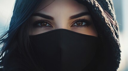 Naklejka premium Close-up portrait of a young woman with dark brown eyes, wearing a black face mask and hood, symbolizing health protection amidst a pandemic, urban background.