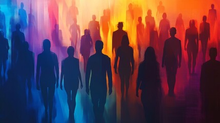 Crowd of Silhouettes in Vibrant Hues - A diverse group of people silhouetted against a colorful, blurred background.  The image evokes feelings of community and togetherness.