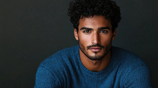 Handsome biracial man with curly dark hair wearing a blue sweater in a close-up portrait against a dark grey background.