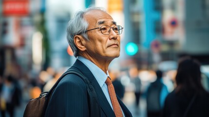 Fototapeta premium Senior businessman enjoying a reflective moment on busy streets of Tokyo, wearing glasses and a dark suit, with vibrant city background.
