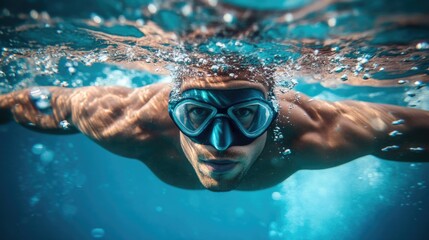 Naklejka premium Muscular man swimming underwater in clear blue water wearing goggles, showcasing intense focus and athleticism in aquatic environment.