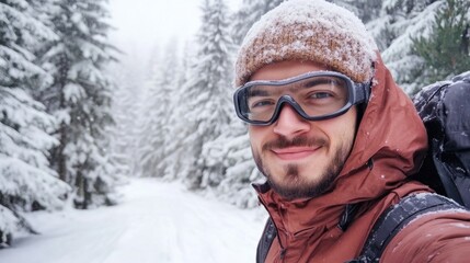 Fototapeta premium Adventure-seeking man wearing a brown jacket and goggles smiles at the camera amid snow-covered fir trees under a bright blue sky in winter mountains